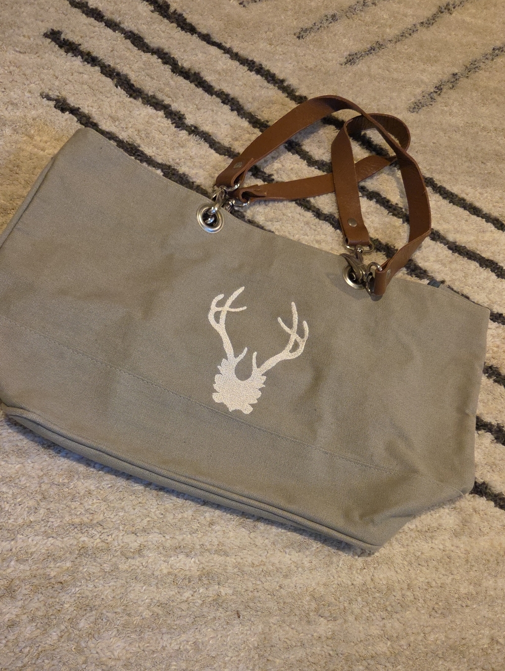 Canvas Tote with White Antler Motif and Brown Straps